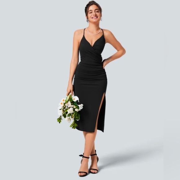 HALARA Elegant Black Midi Dress with Slit - Picture 1 of 7